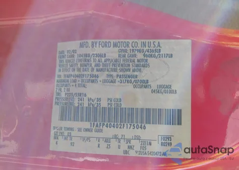 2002 Ford Mustang from USA, damaged, VIN 1FAFP40402F175046